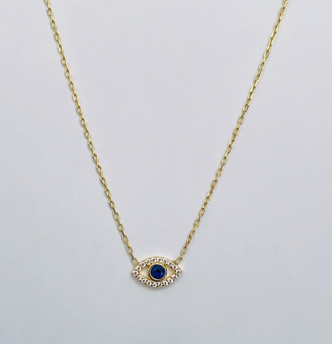 Gold Blue Cz Evil Eye Necklace